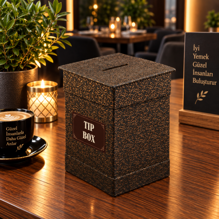Desenli Deri Kaplama Kilitli Kapak Logo Baskılı Tip Box Bahşiş Kutusu